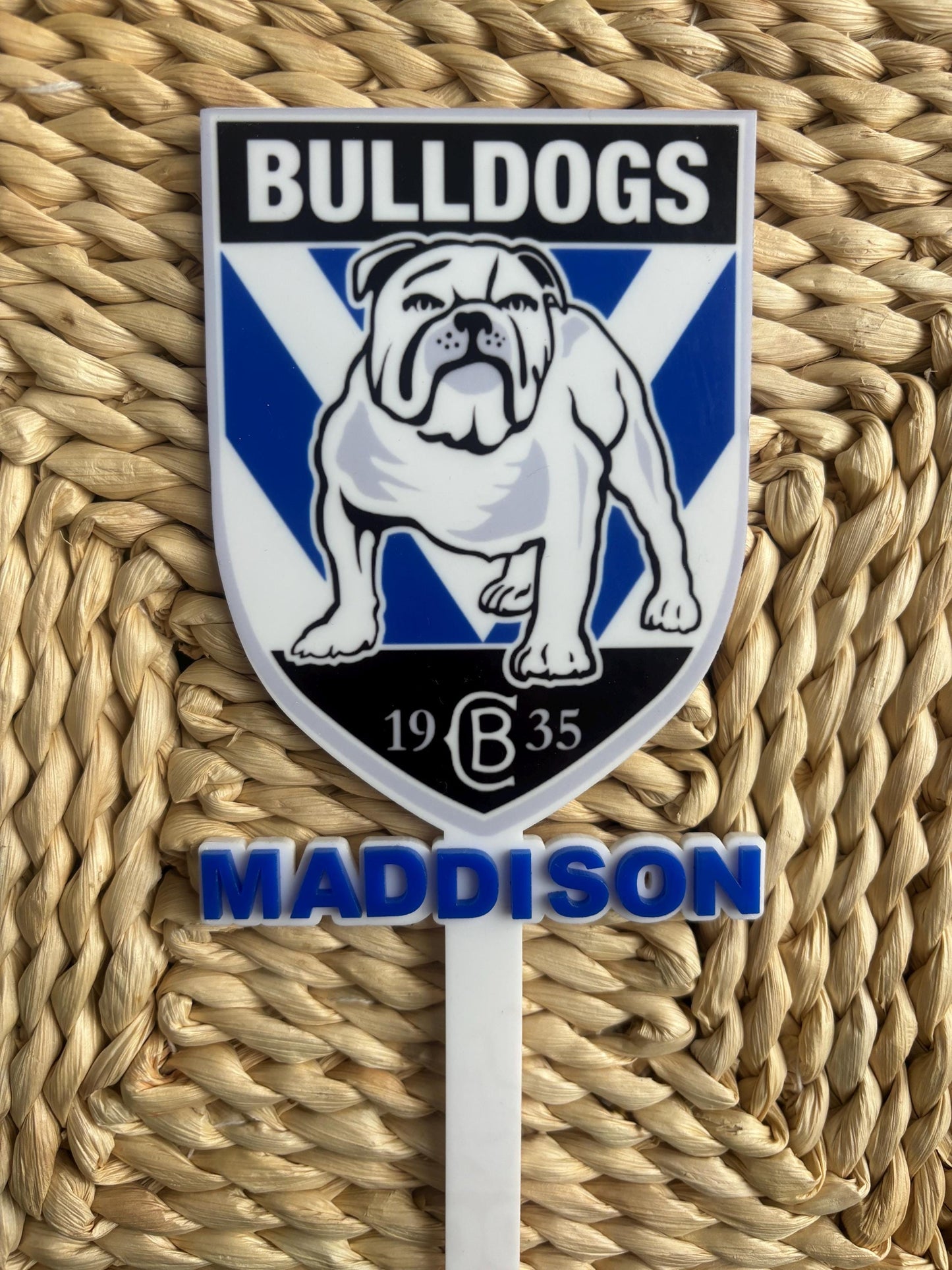 Custom Bulldogs Cake Topper – Personalised NRL Birthday Decor with Name & Age