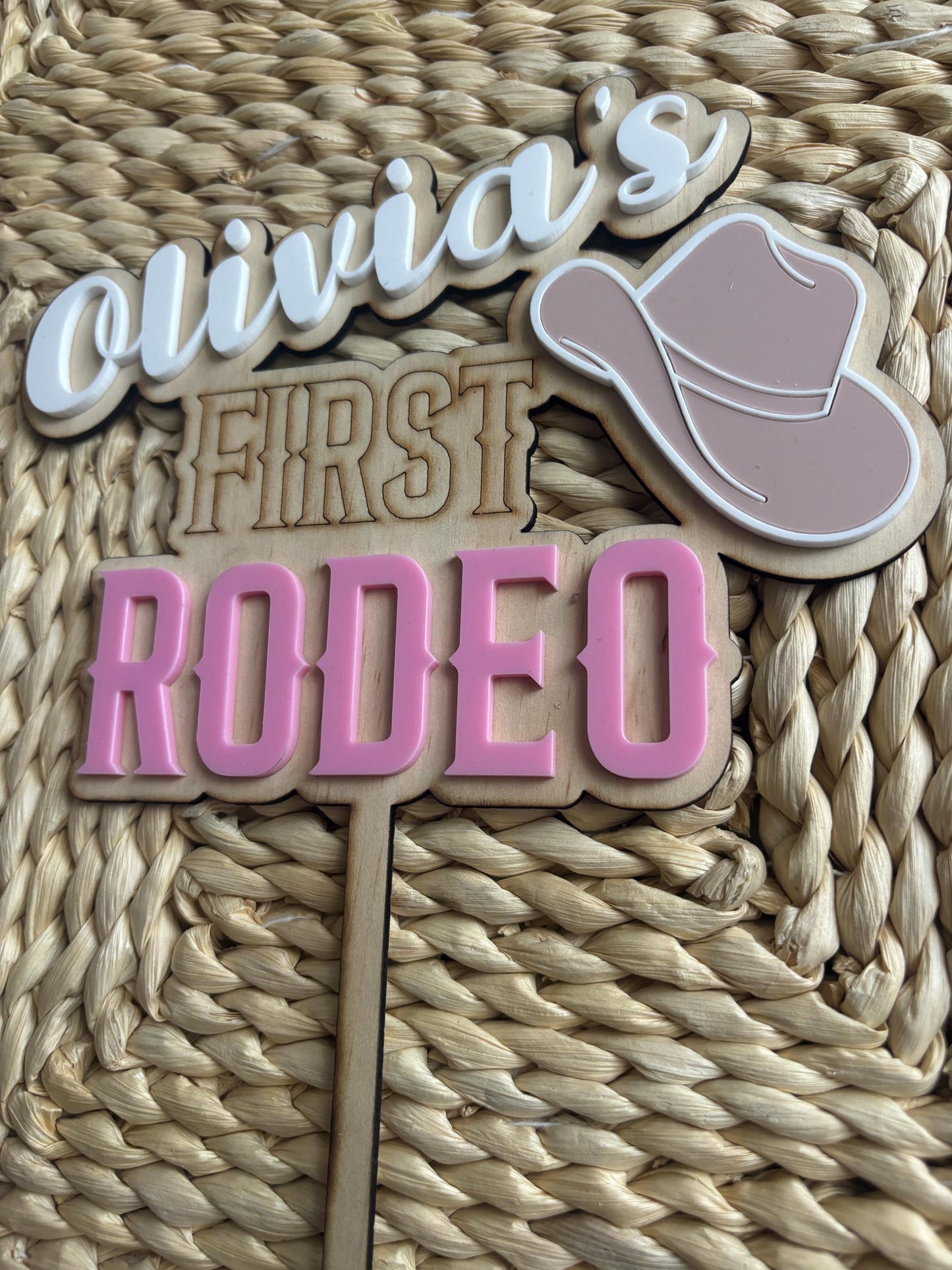 Custom Made First Rodeo Cake topper - Personalised Cowgirl cake topper with child name and age - Rodeo Birthday Theme