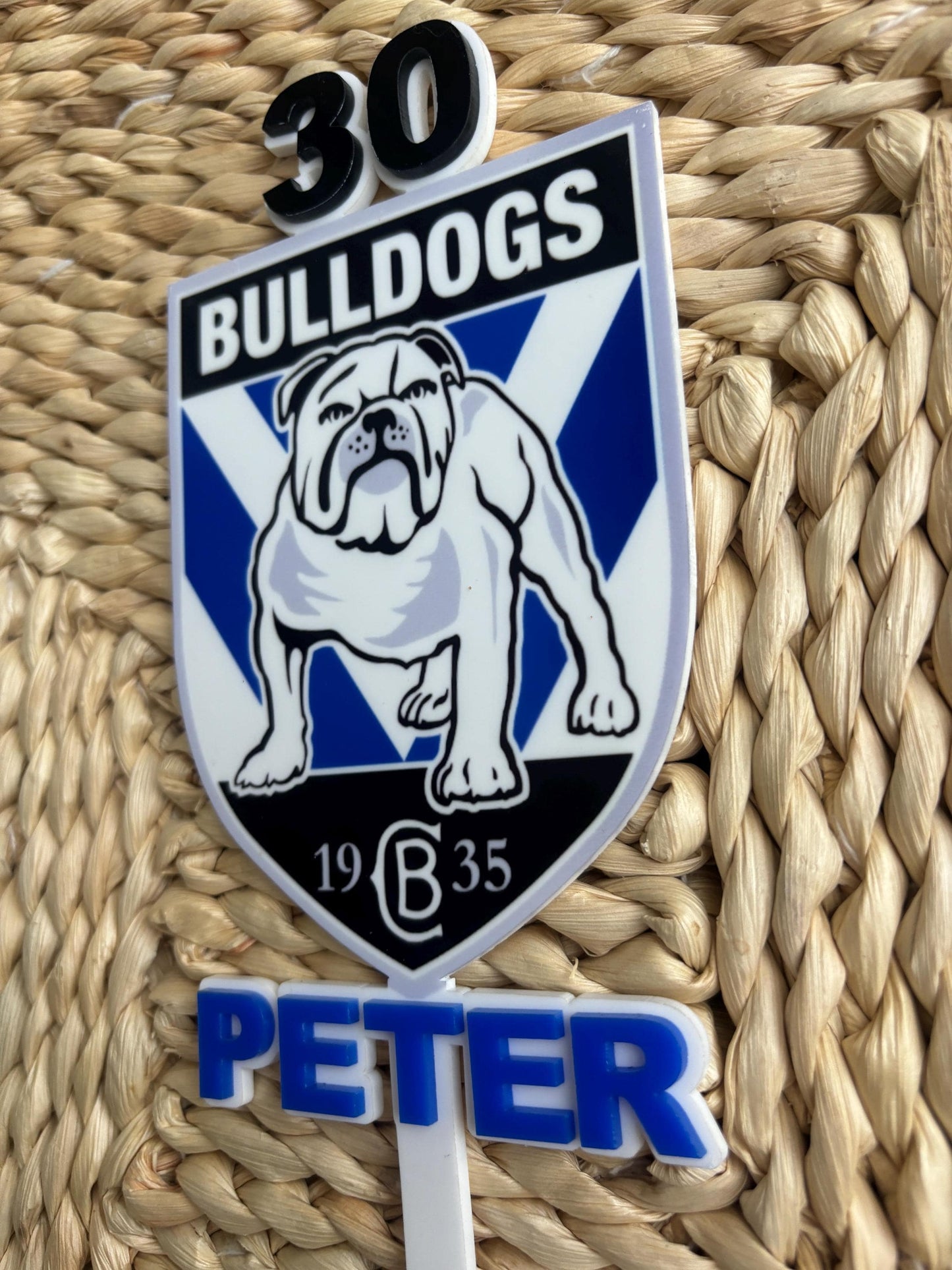 Custom Bulldogs Cake Topper – Personalised NRL Birthday Decor with Name & Age