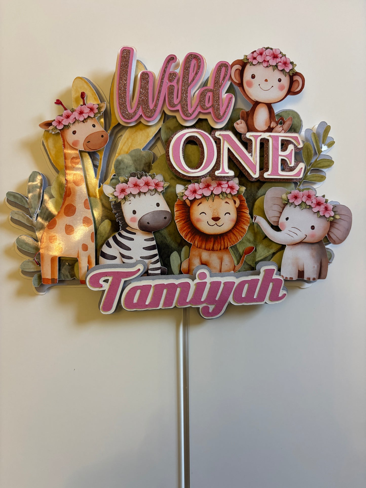 Wild One Girl Cake Topper | Safari First Birthday | Pink Jungle Cake Topper | Personalised Name Topper | Floral Safari Animals