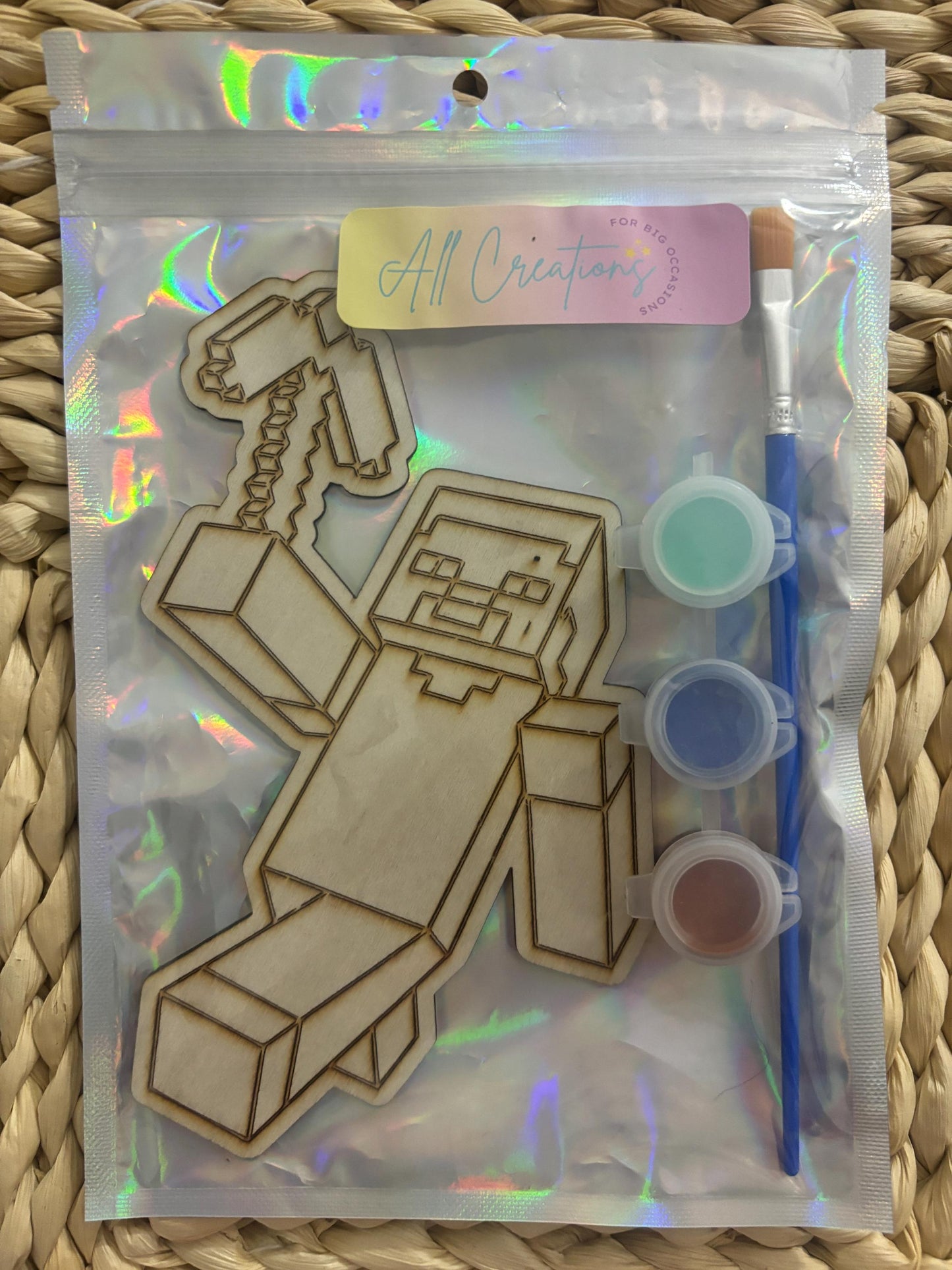 wooden characters for party favours, Minecraft, Spiderman, bluey and many more