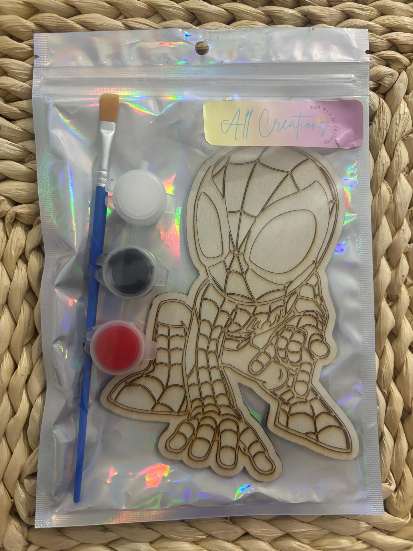 wooden characters for party favours, Minecraft, Spiderman, bluey and many more