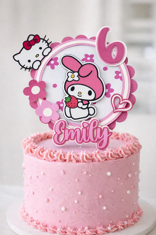 My Melody Birthday Cake Topper | Personalised Name & Age | Pink Hello Kitty Theme