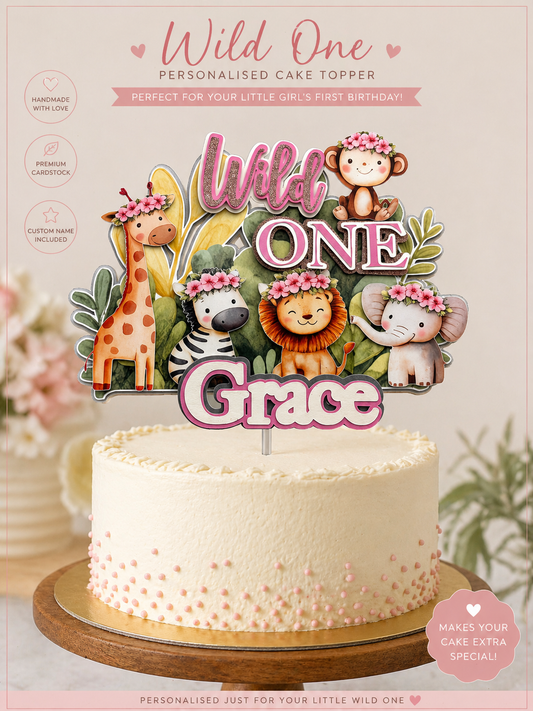 Wild One Girl Cake Topper | Safari First Birthday | Pink Jungle Cake Topper | Personalised Name Topper | Floral Safari Animals