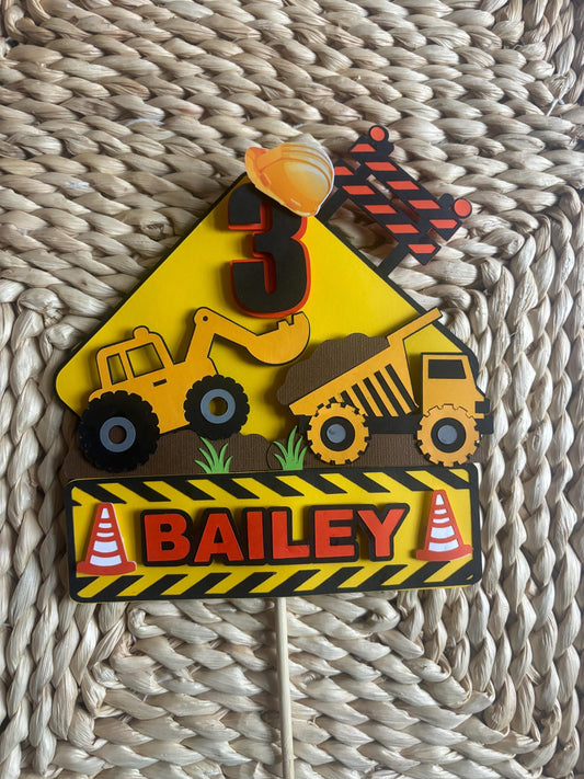 Personalised construction theme cake topper