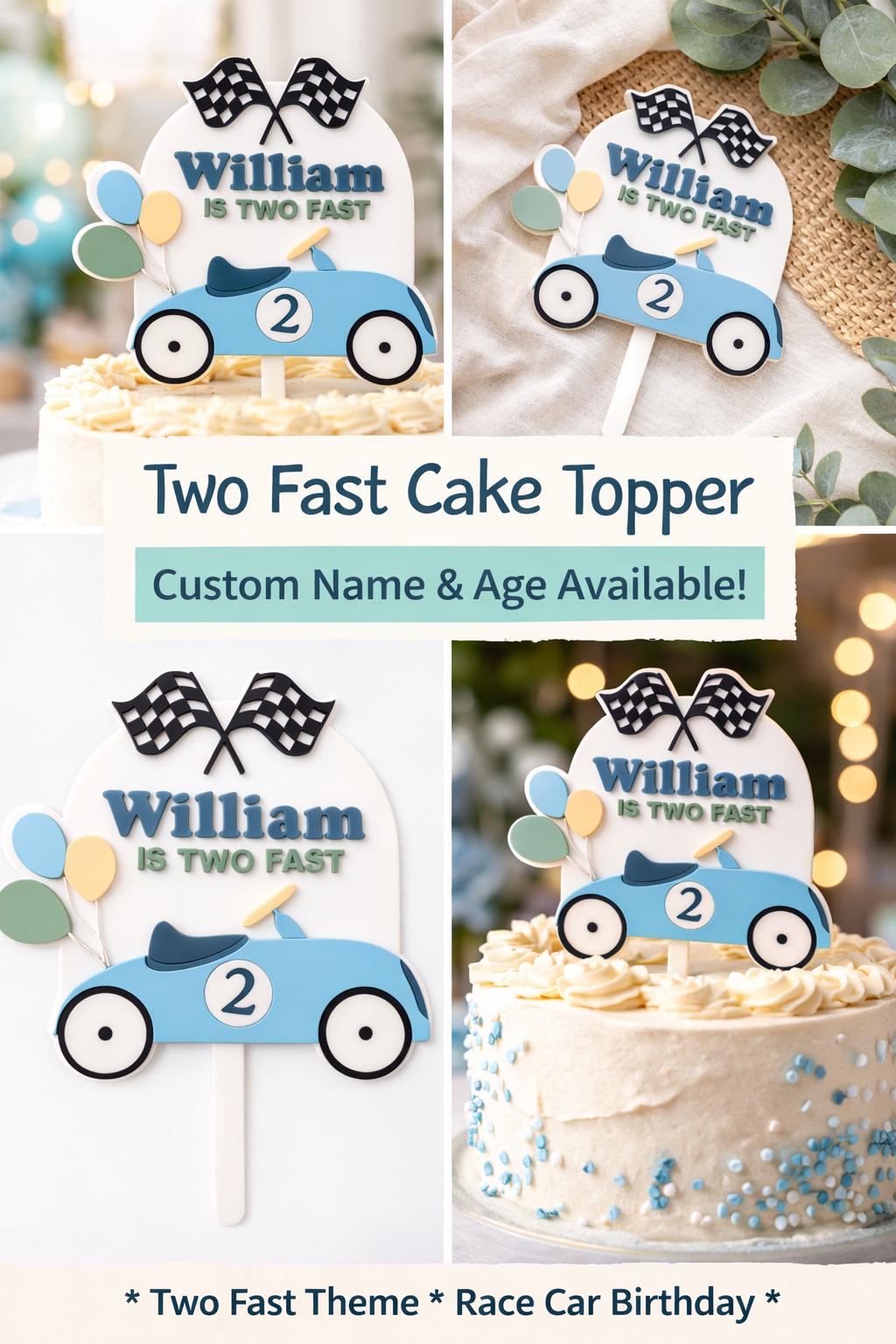 Two Fast Race Car Cake Topper: Custom Name & Age Birthday Decor