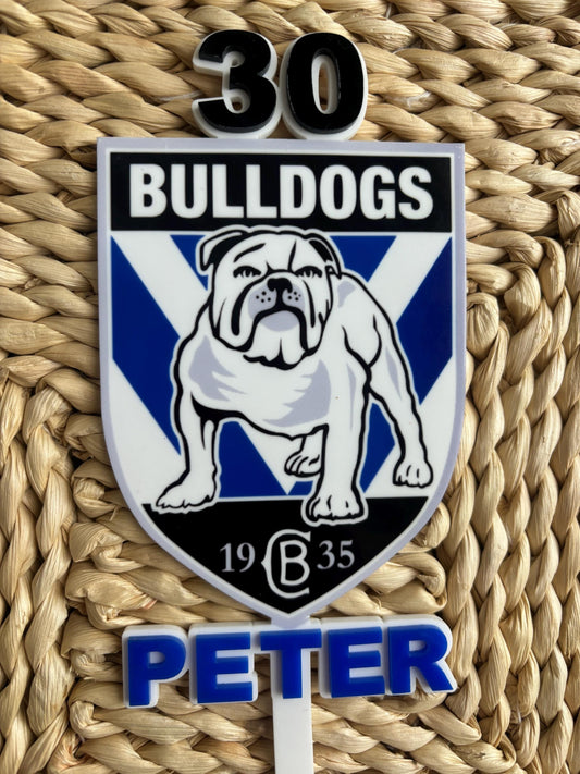 Custom Bulldogs Cake Topper – Personalised NRL Birthday Decor with Name & Age