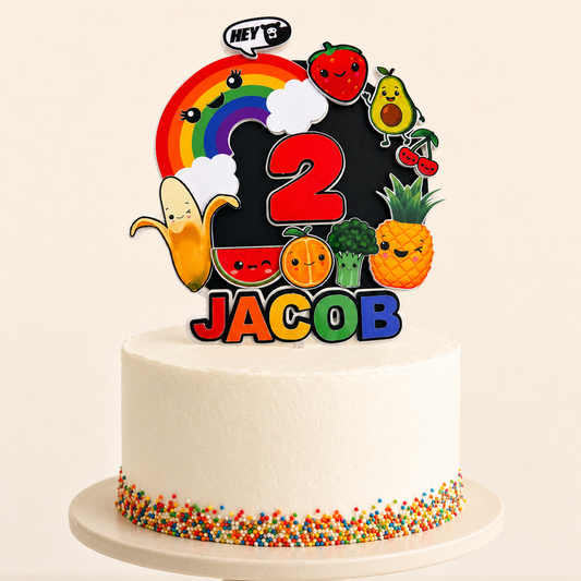 Personalised Hey Bear Sensory Cake Topper, Dancing Fruit Birthday, Custom Name and Age