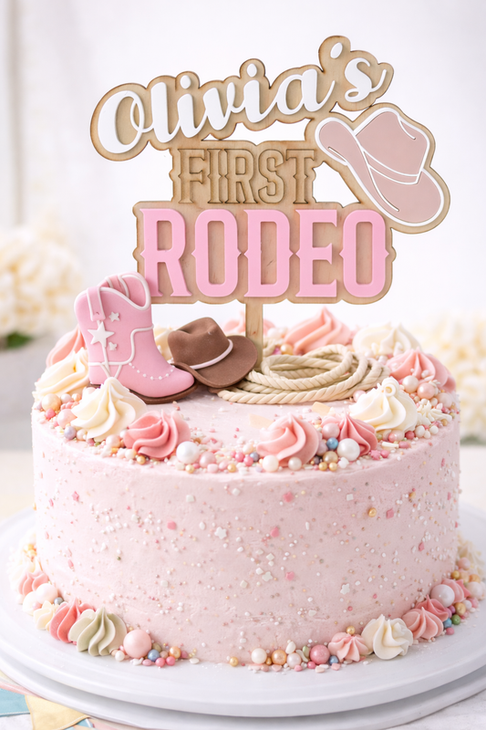 Custom Made First Rodeo Cake topper - Personalised Cowgirl cake topper with child name and age - Rodeo Birthday Theme