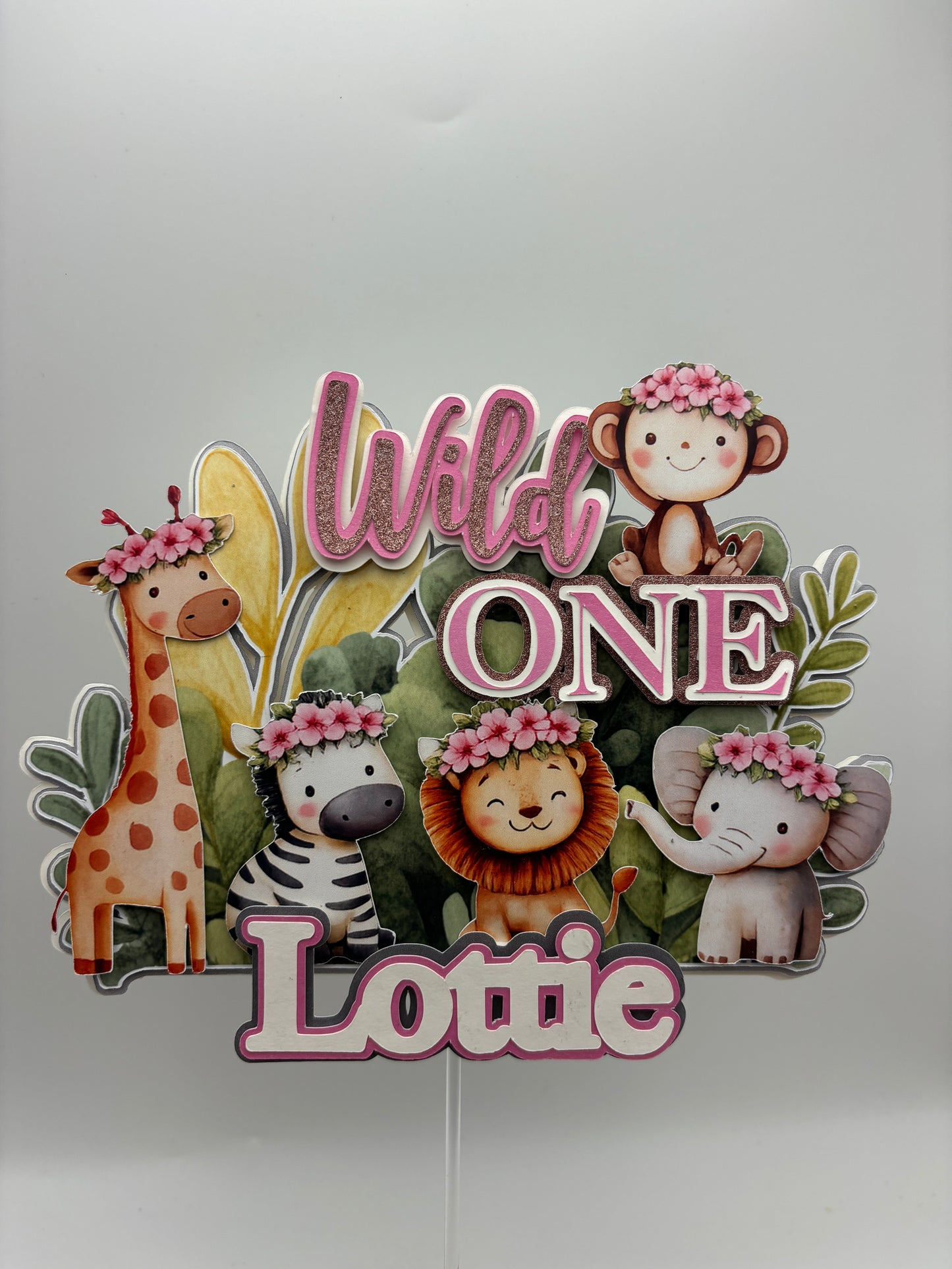 Wild One Girl Cake Topper | Safari First Birthday | Pink Jungle Cake Topper | Personalised Name Topper | Floral Safari Animals