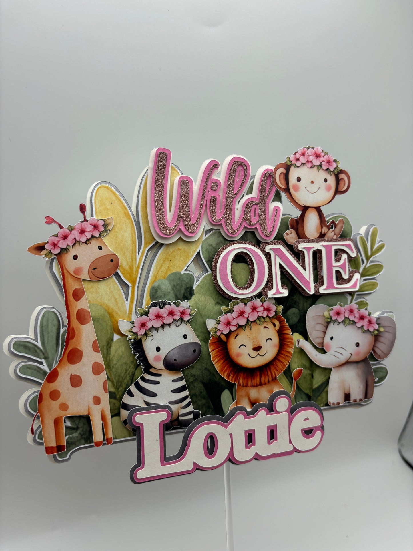 Wild One Girl Cake Topper | Safari First Birthday | Pink Jungle Cake Topper | Personalised Name Topper | Floral Safari Animals