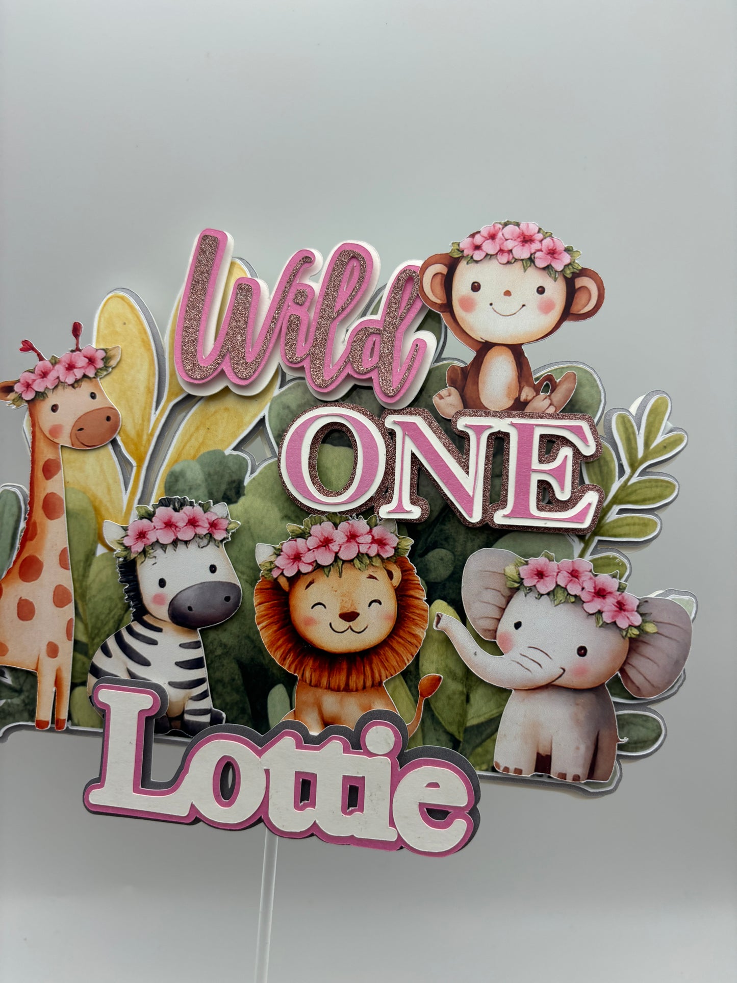 Wild One Girl Cake Topper | Safari First Birthday | Pink Jungle Cake Topper | Personalised Name Topper | Floral Safari Animals
