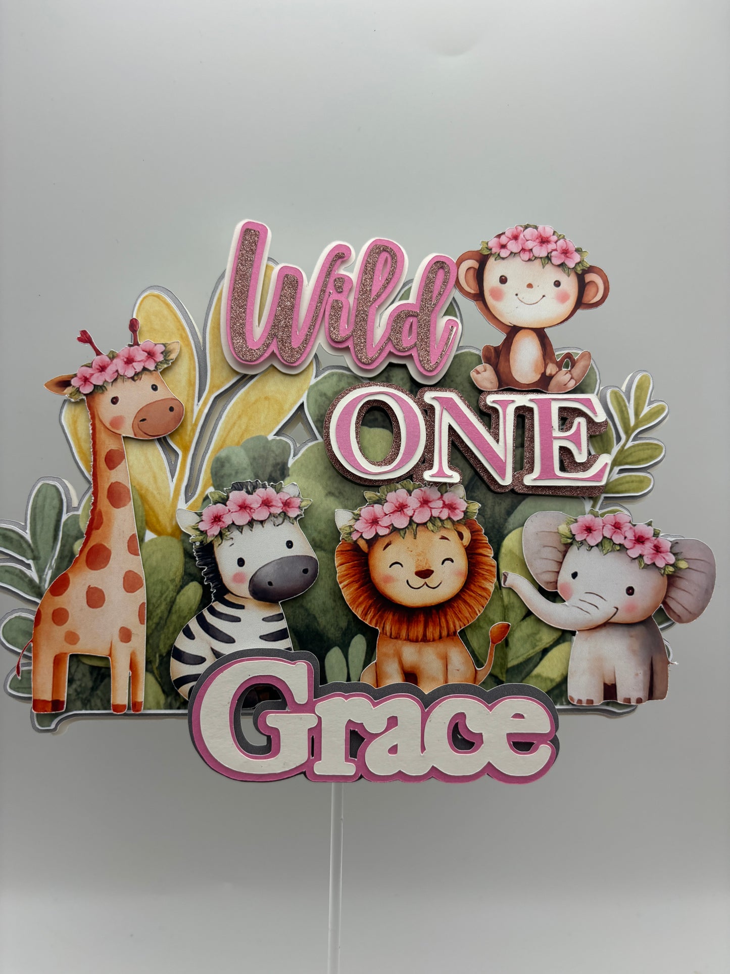 Wild One Girl Cake Topper | Safari First Birthday | Pink Jungle Cake Topper | Personalised Name Topper | Floral Safari Animals