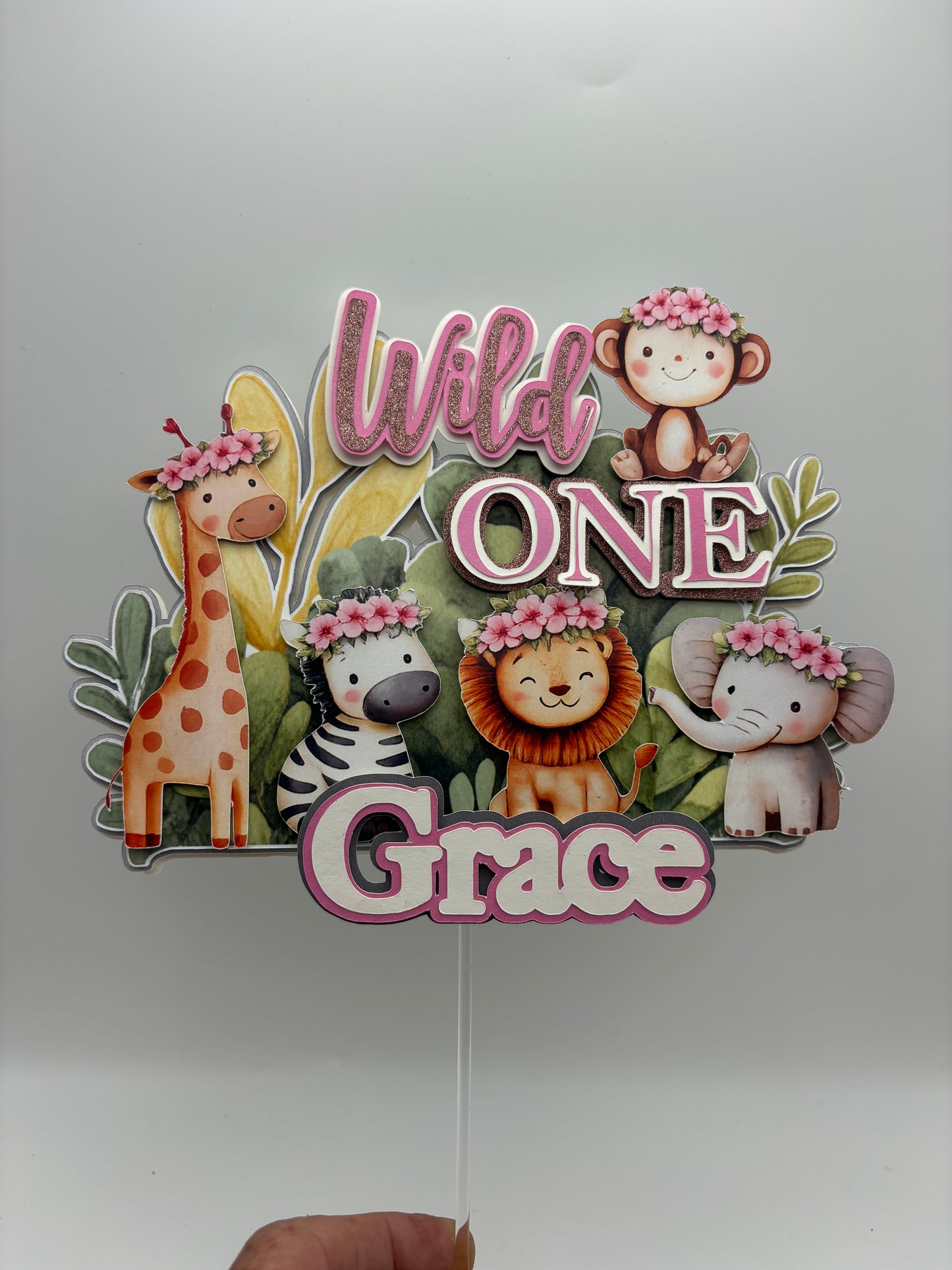 Wild One Girl Cake Topper | Safari First Birthday | Pink Jungle Cake Topper | Personalised Name Topper | Floral Safari Animals