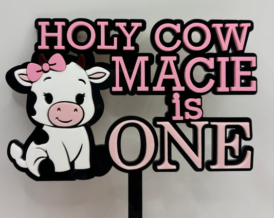 Holy Cow Cake Topper | Personalised Cow First Birthday Cake Topper | Pink Cow Birthday Decor | Holy Cow I'm One | Farm Party