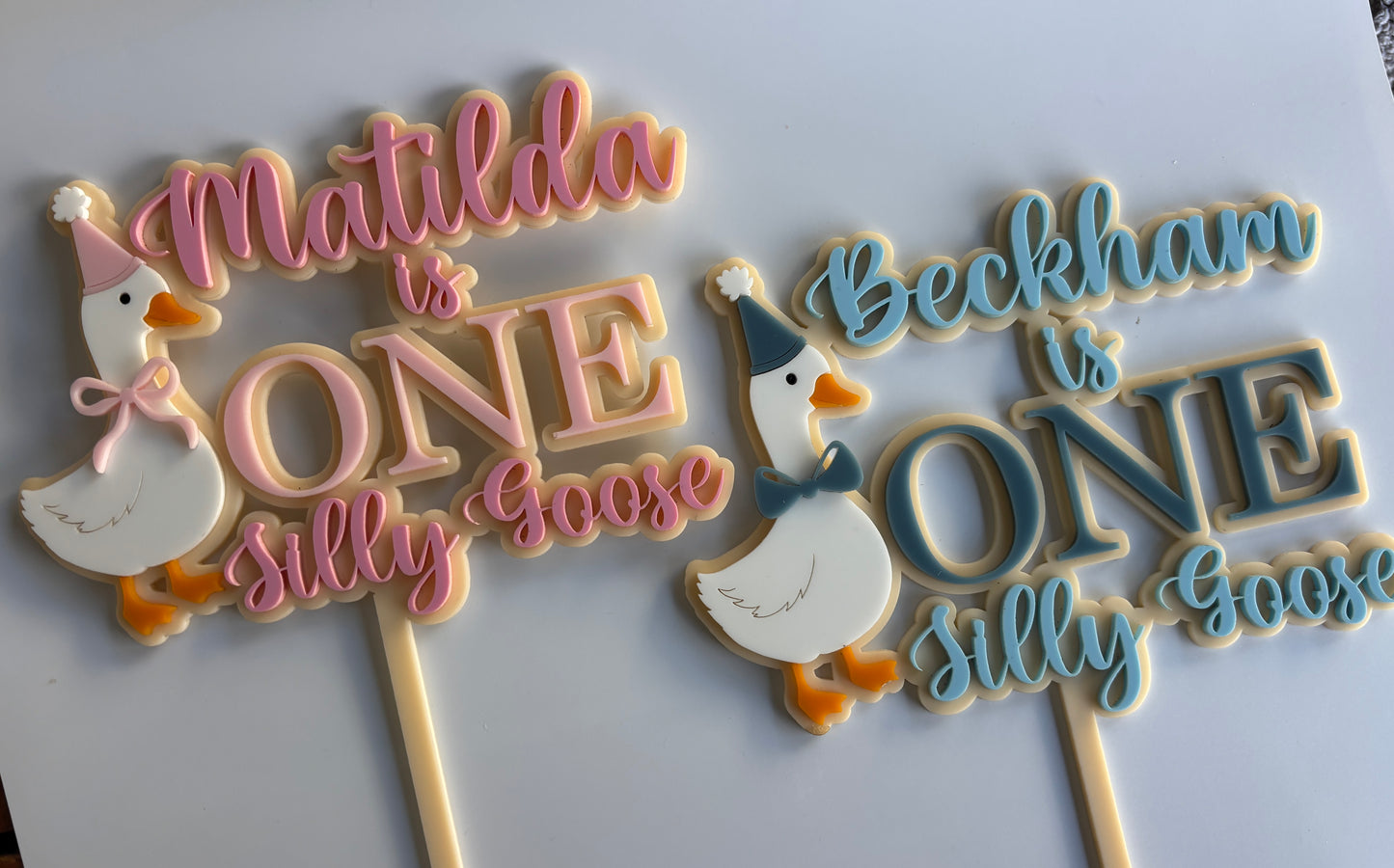 Personalised Silly Goose First Birthday Cake Topper | Custom Name Acrylic Decoration