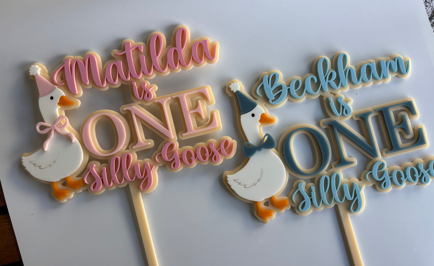 Personalised Silly Goose First Birthday Cake Topper | Custom Name Acrylic Decoration