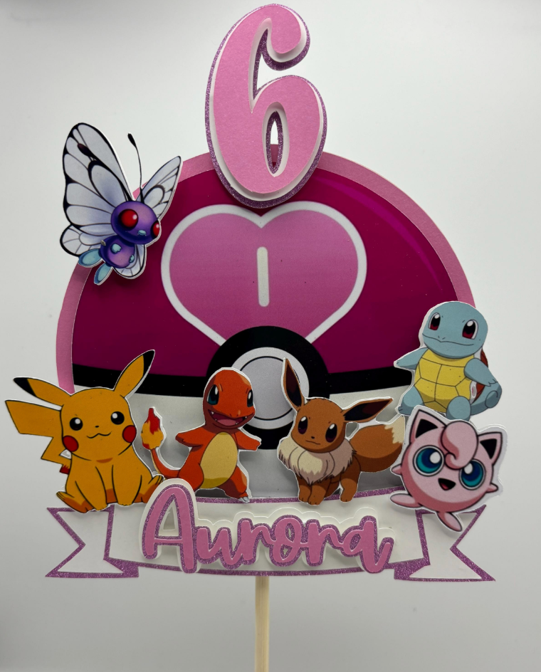 Pink Pokémon Birthday Cake Topper – Personalised Name & Age