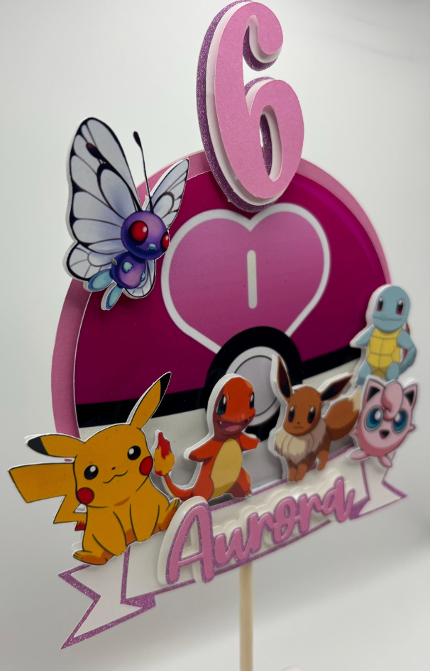 Pink Pokémon Birthday Cake Topper – Personalised Name & Age