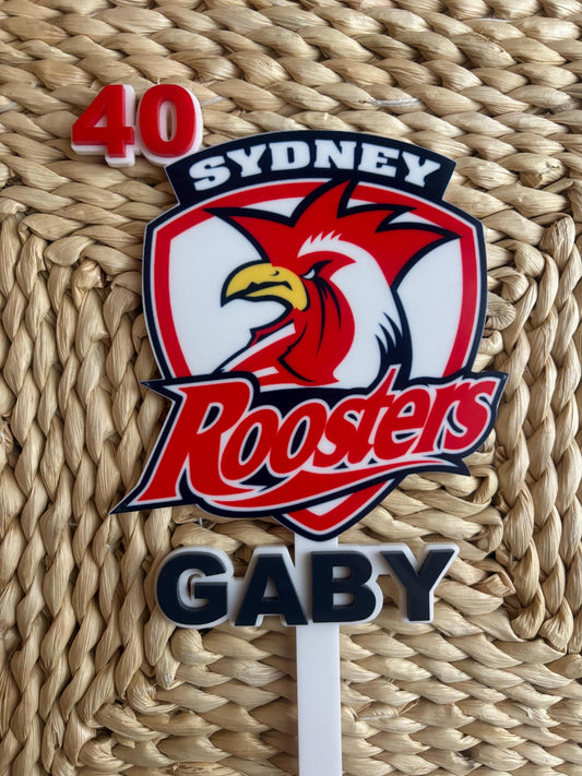Sydney Roosters Cake Topper – NRL Birthday Decor – Custom Name Topper – Rugby League Party Decoration – 40th Birthday, Any Age