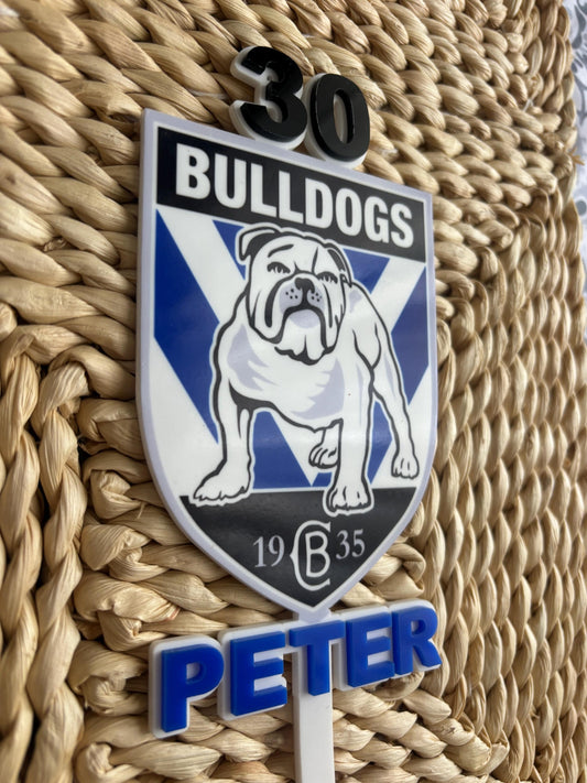 Custom Bulldogs Cake Topper – Personalised NRL Birthday Decor with Name & Age