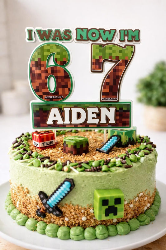 Personalised 6 to 7 Gaming Cake Topper made with cardstock Pixel Style Birthday Topper | I Was 6 Now I’m 7 | Custom Name