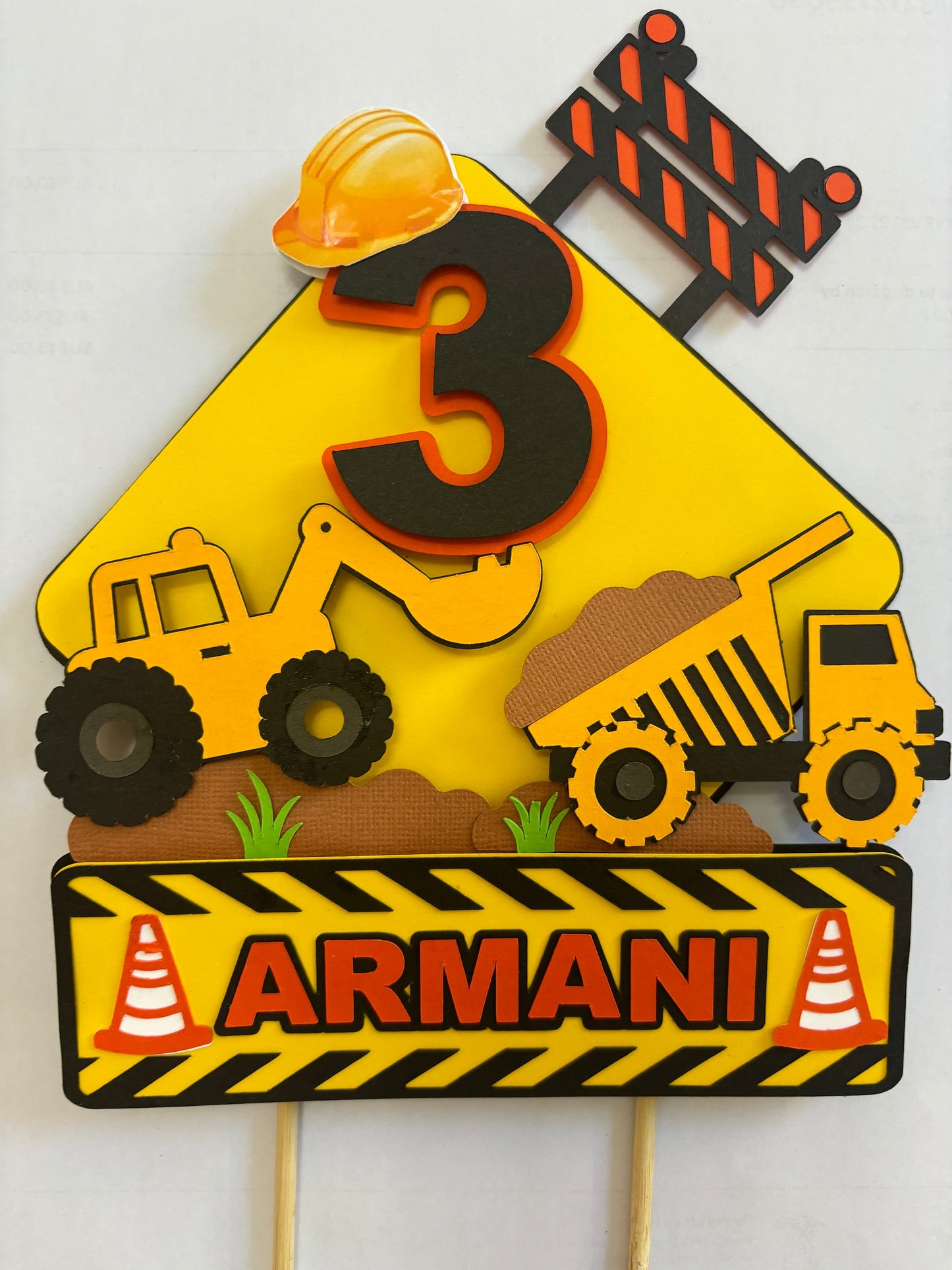 Personalised construction theme cake topper